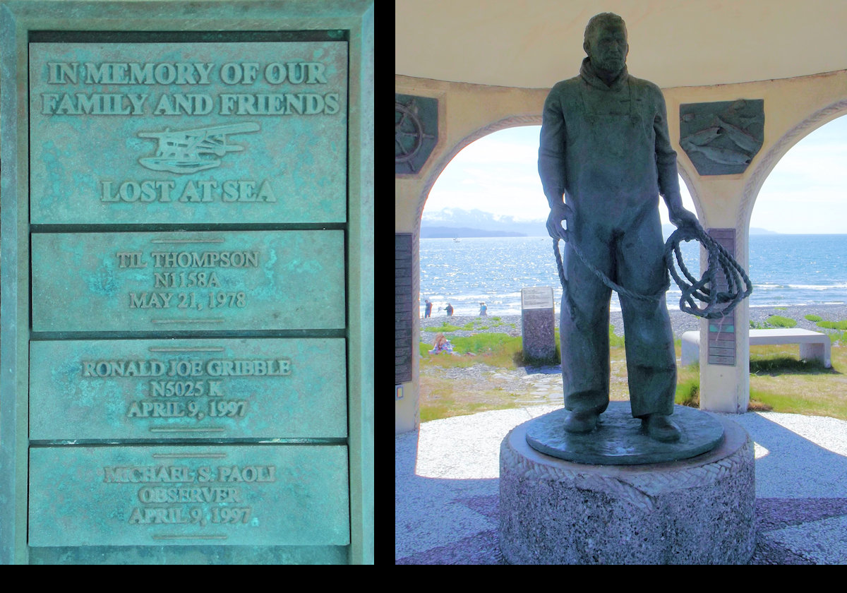 The statue and one of the plaques that lists those lost at sea on the inside the Seafarer's Memorial.
