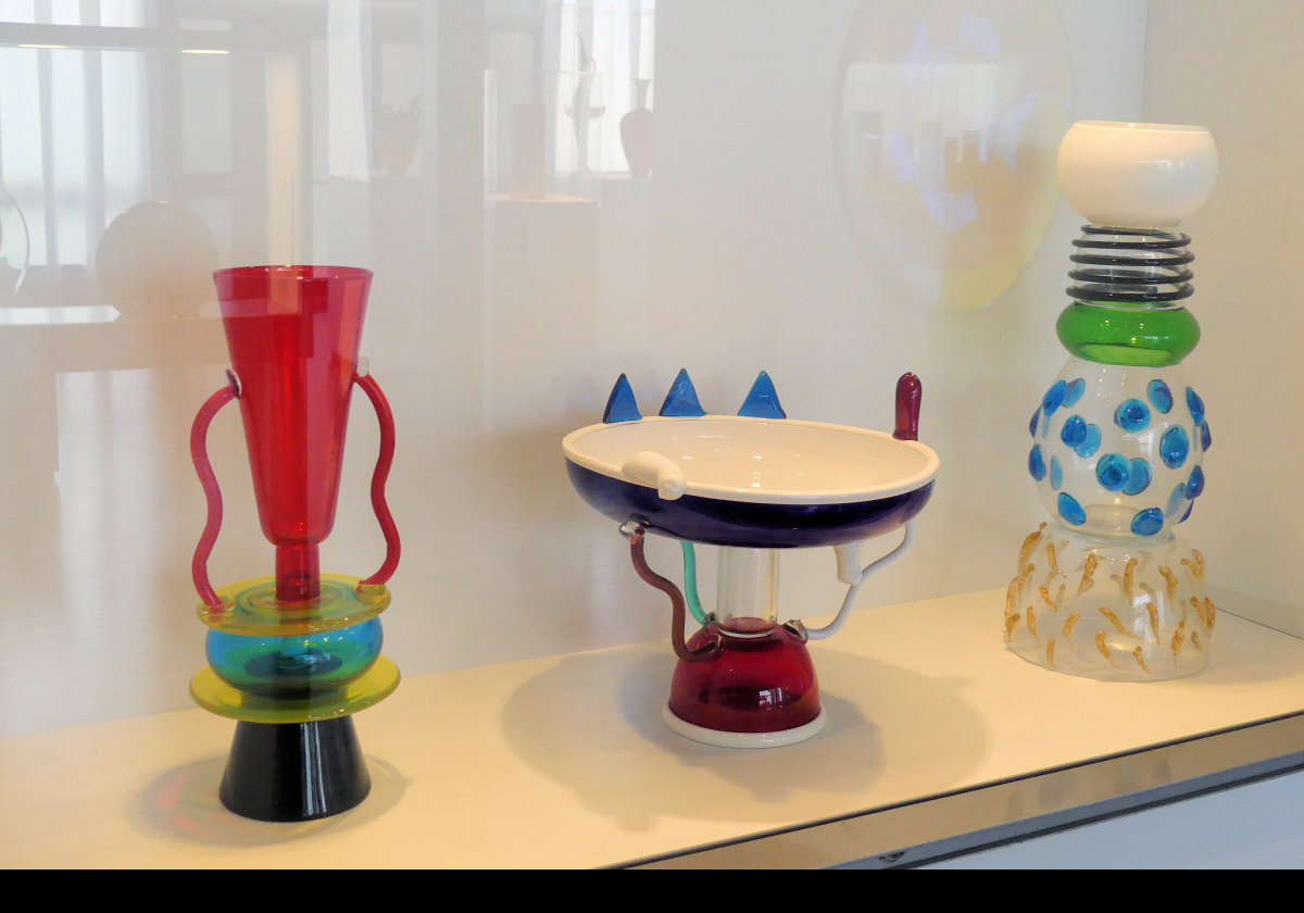 L to R: "Sirio" Vase, "Sol" Compote, & "Alcor" Vase.  Made in 1982 by Ettore Sottsass, 1917 to 2007.  He was one of the founders of the Memphis group that lasted from 1980 to 1987/8.
