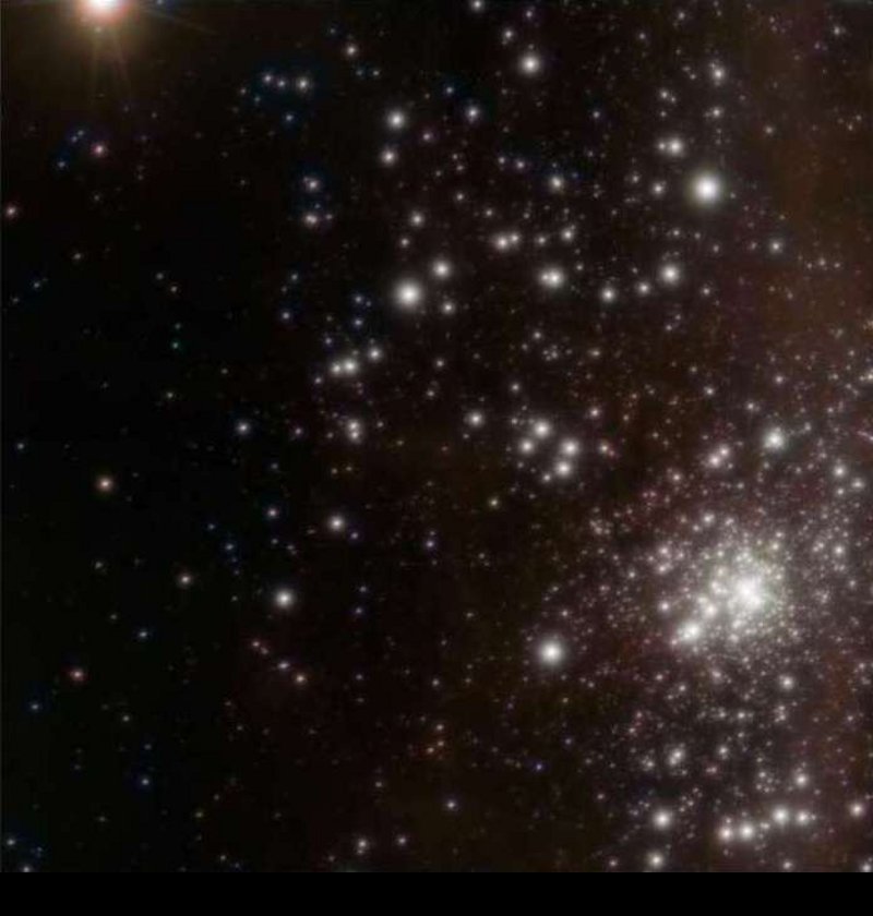 This picture shows a closeup of the stars in the Cluster R136.  Click the right arrow to return to the picture of the whole 30 Doradus Complex.
